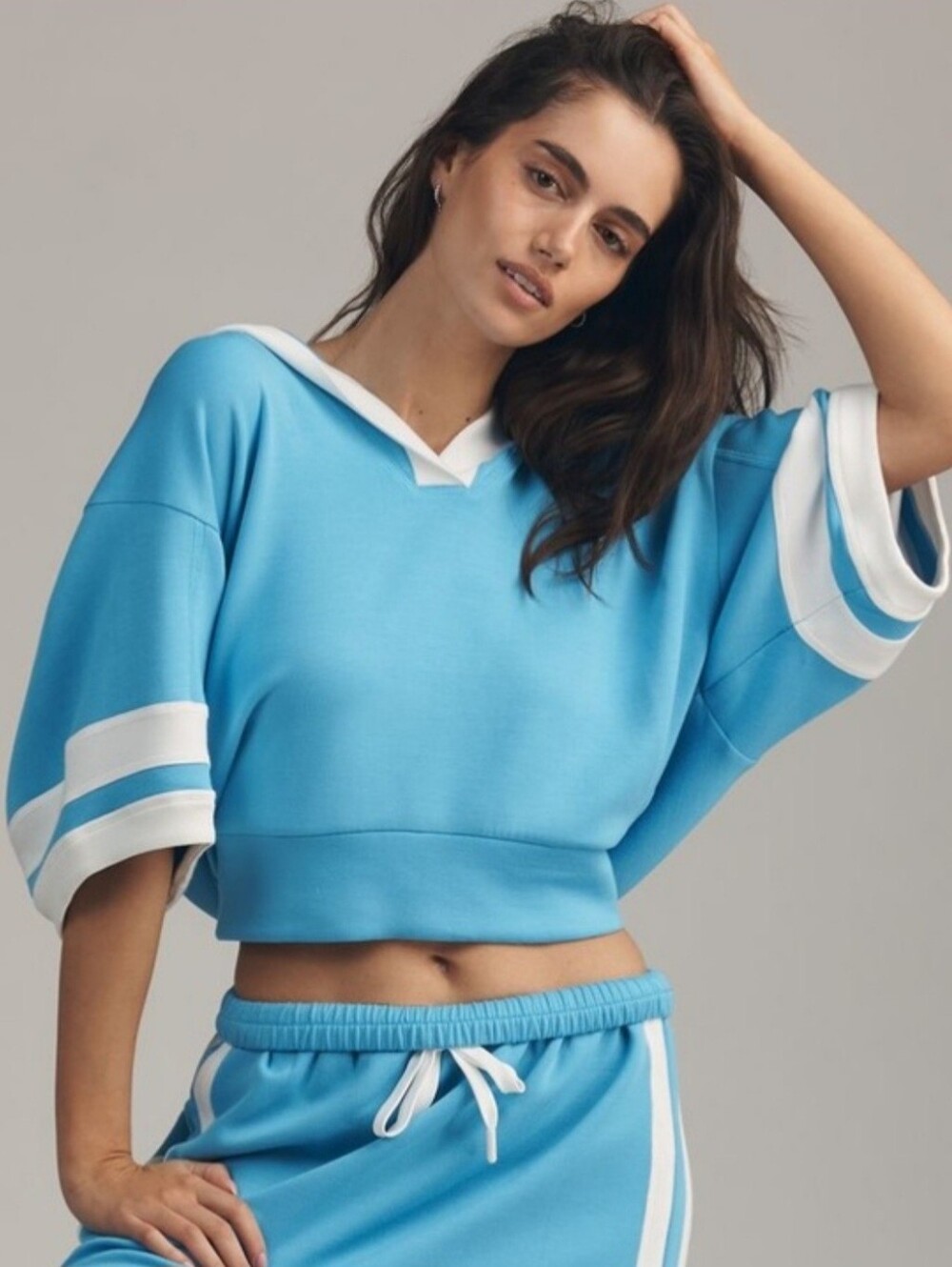 Anthropologie Daily Practice Half-Sleeve Hooded Sweatshirt-Willow Blue